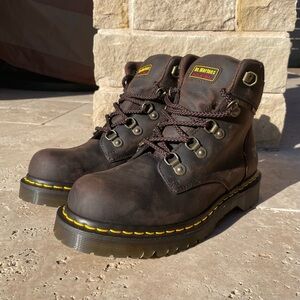 Dr. Martens industrial Dark Brown Leather work Boots with Yellow Stitching